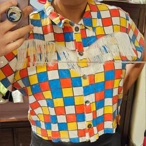 Fashion Brand Company Primary Check Cropped Fringe Top Sz. 3XL